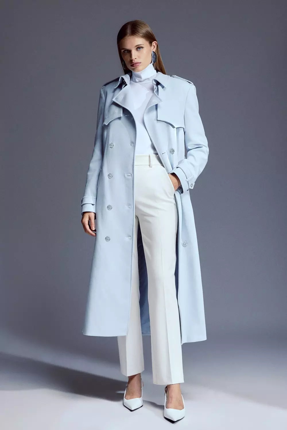 Light blue belted clearance coat